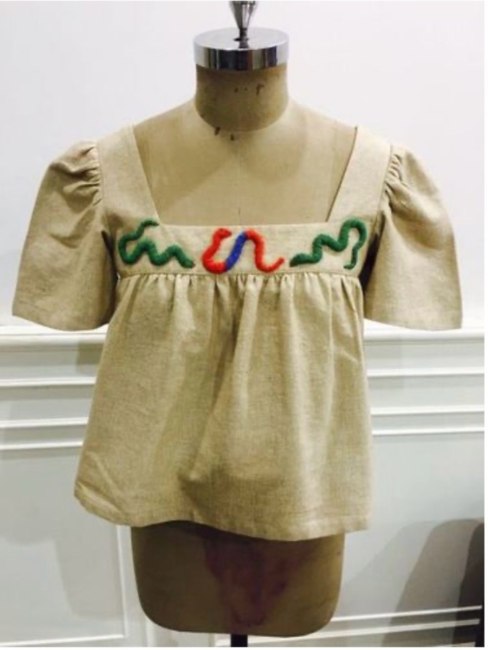 Family Affairs Beige Puff Sleeve Linen Beaded Embroidered Square Neck Top